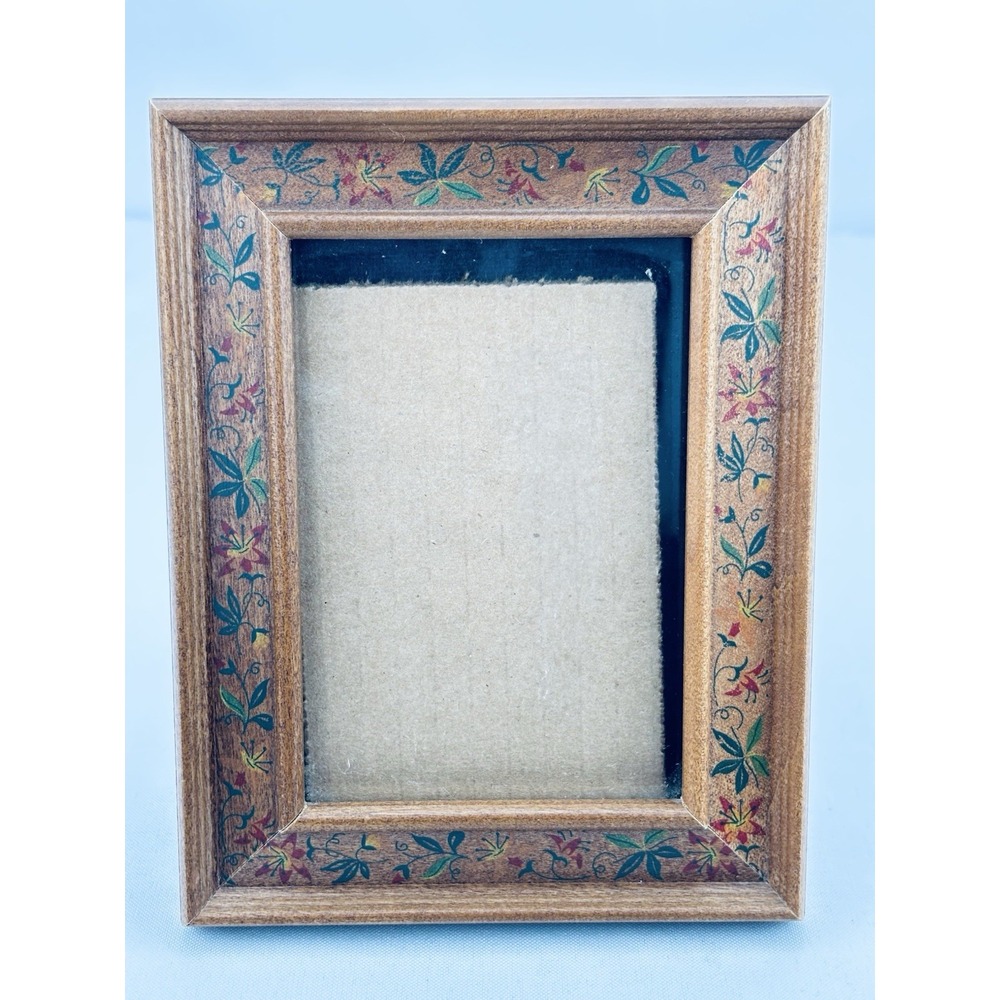 Vintage 90s Boho Floral Wood Picture Frame Cottagecore Hand Painted Tabletop MCM